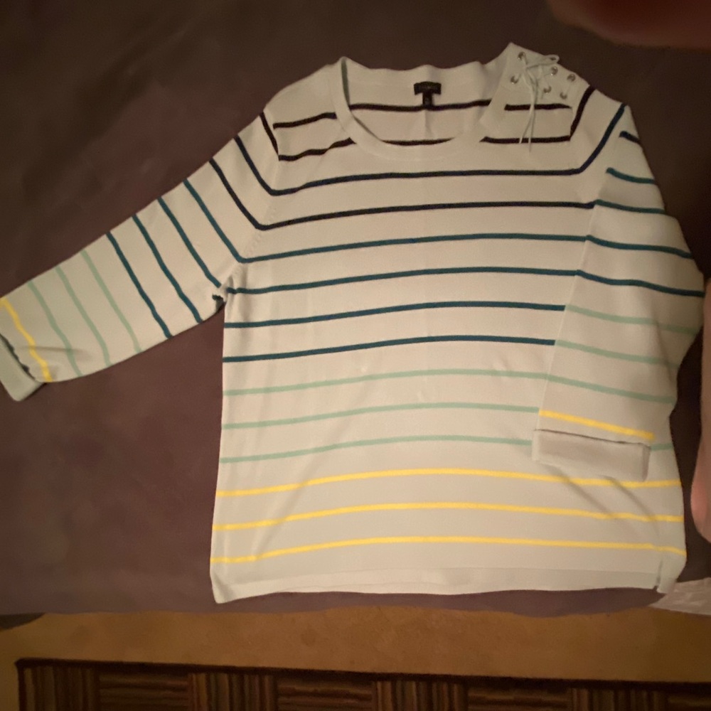 NWOT Talbots Pullover Sweater Pale Blue Stripes 3/4 Sleeve Lace Detail Size XL